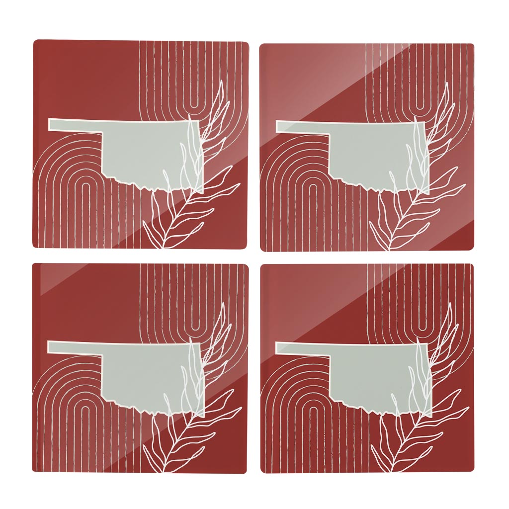 Modern Minimalist Oklahoma State Shape With Leaf | Hi-Def Glass Coasters | Set of 4 | Min 2