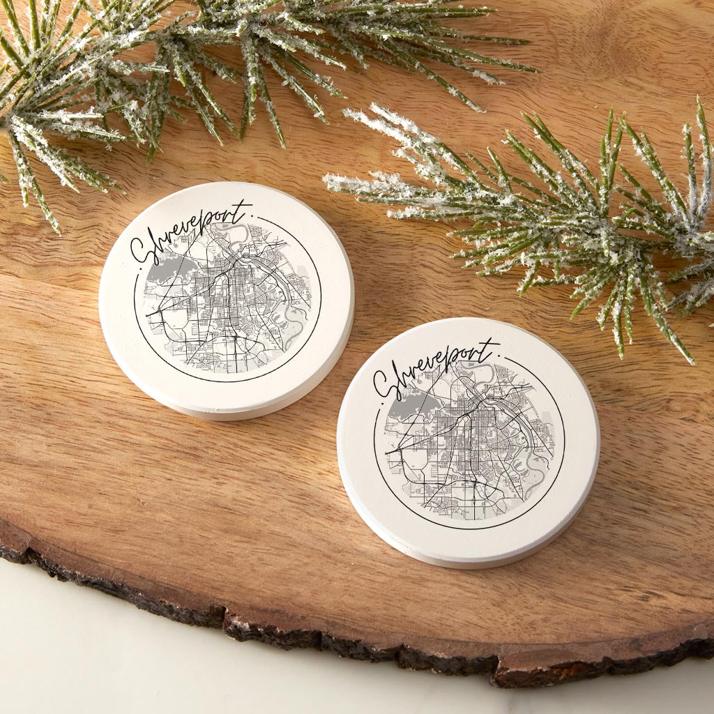 Modern Louisiana Shreveport Circle Map | Absorbent Car Coasters | Set of 2 | Min 4
