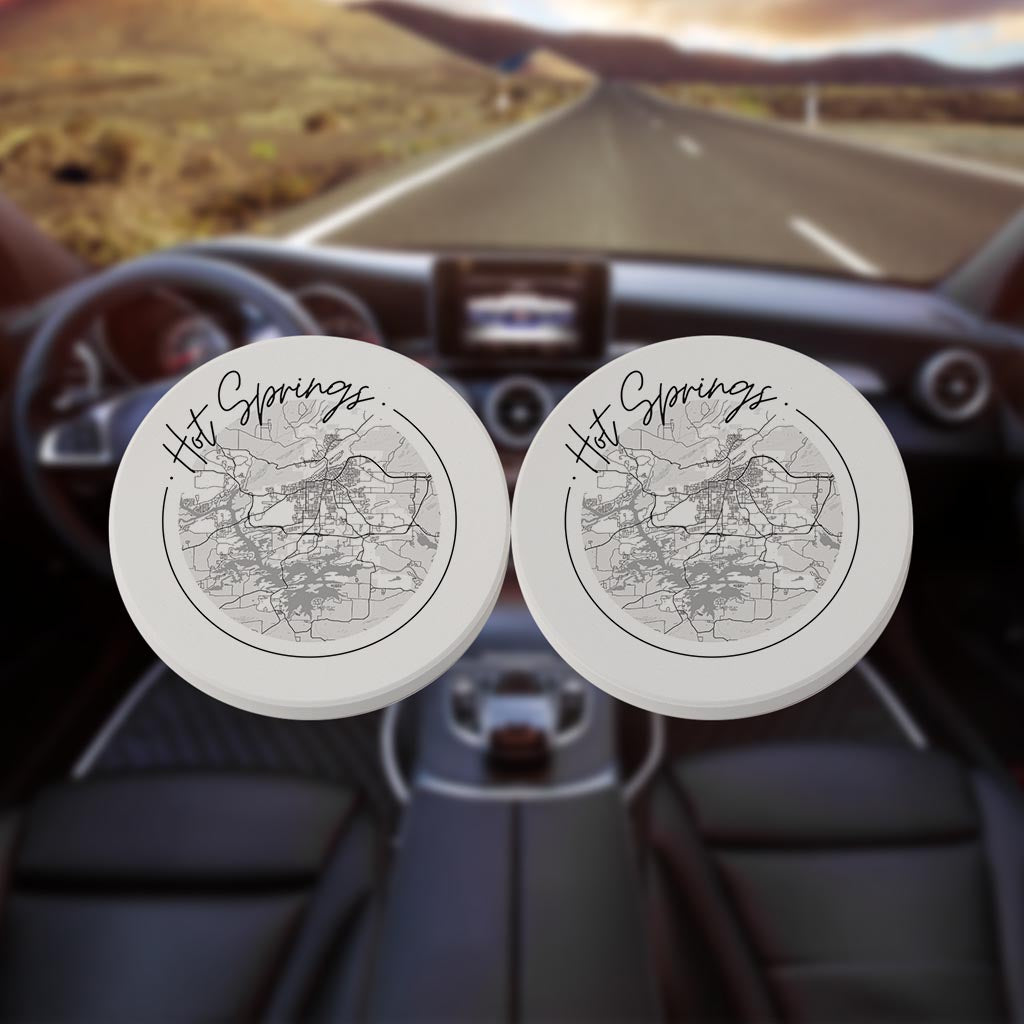B&W Minimalist Arkansas Hot Springs Circle Map | Absorbent Car Coasters | Set of 2 | Min 4