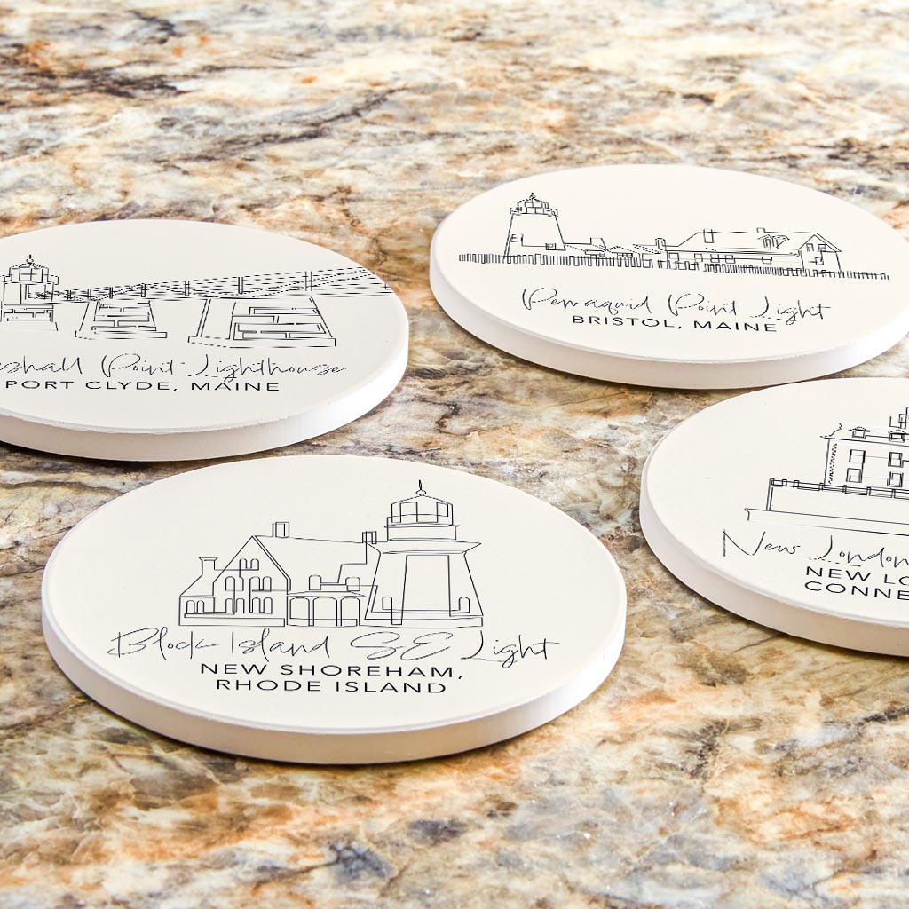 New England Lighthouses Cream Colored | Absorbent Coasters | Set of 4 | Min 2