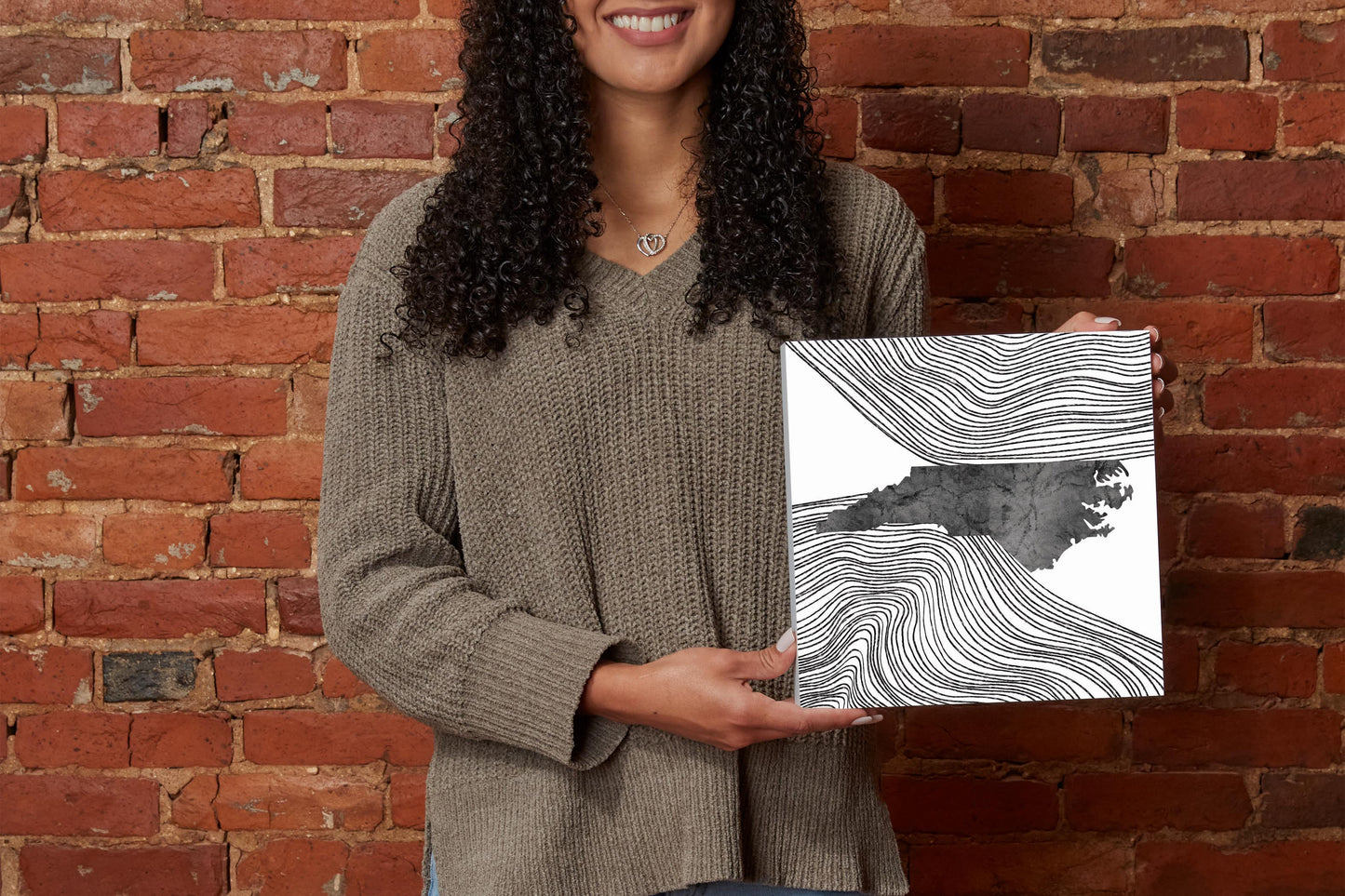 Minimalistic B&W North Carolina State With Fluid Lines | Wood Block | Eaches | Min 2