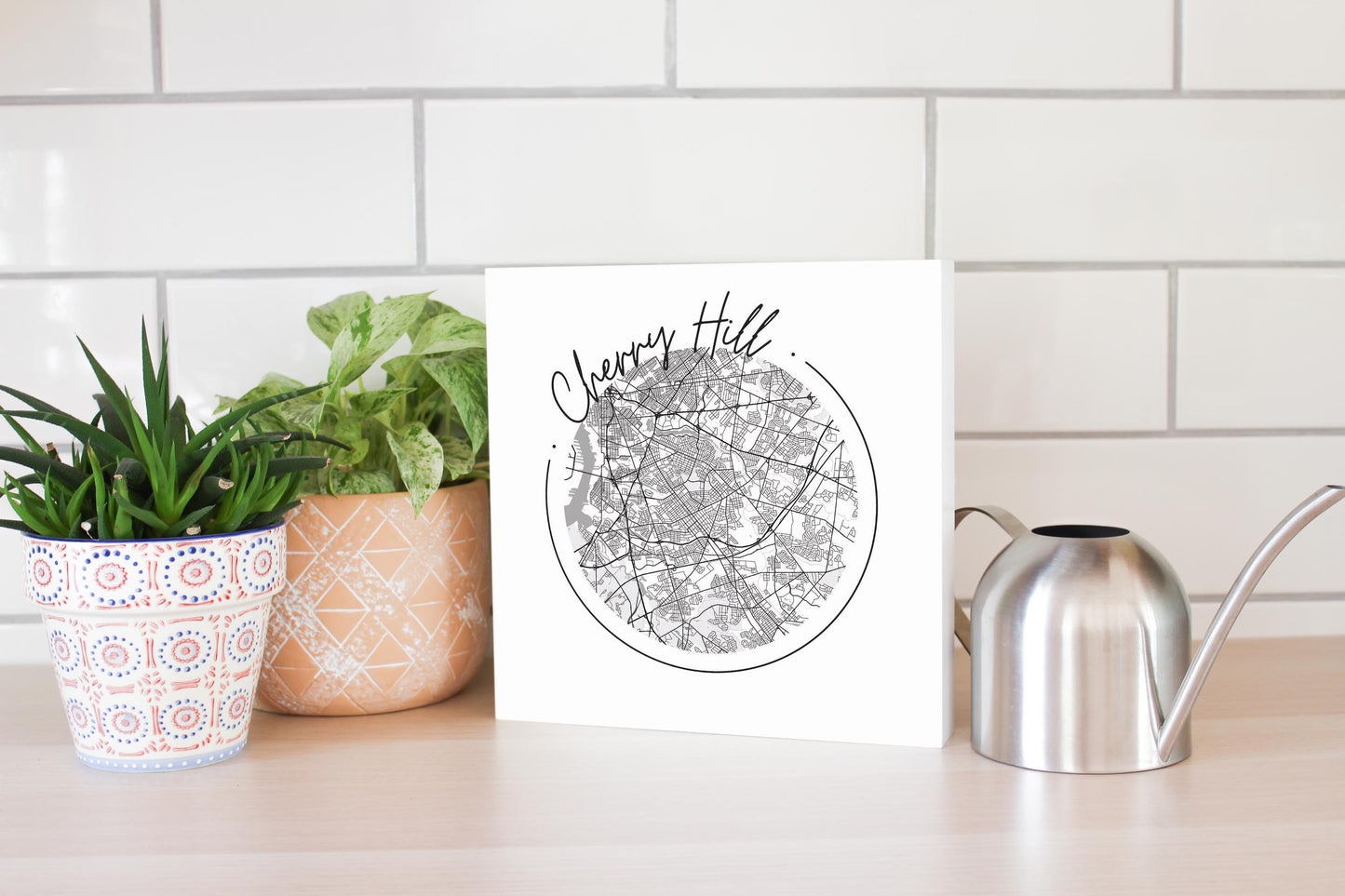 Minimalistic B&W New Jersey Cherry Hill Circle Map | Wood Block | Eaches | Min 2