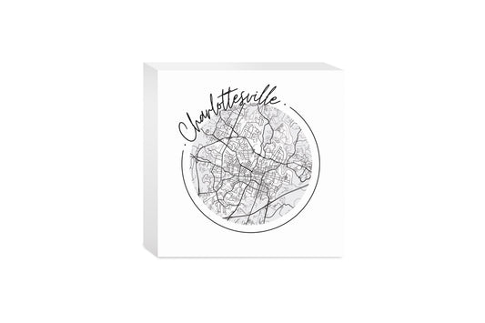 Minimalistic B&W Virginia Charlottesville Circle Map | Wood Block | Eaches | Min 4