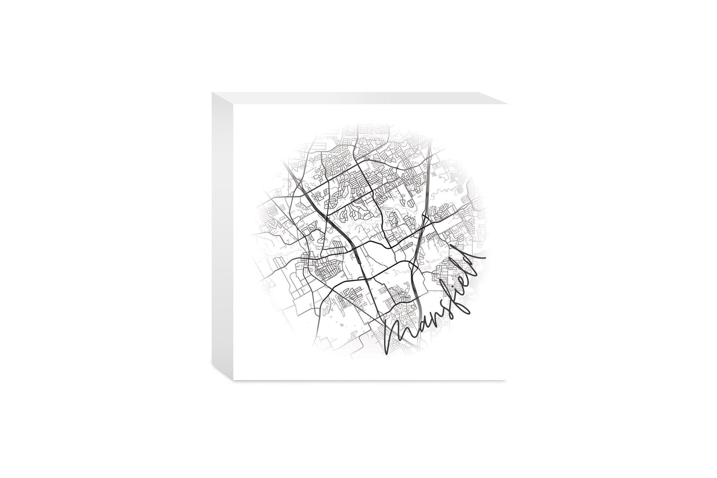 Minimalistic B&W Texas Mansfield Circle Map | Wood Block | Eaches | Min 4