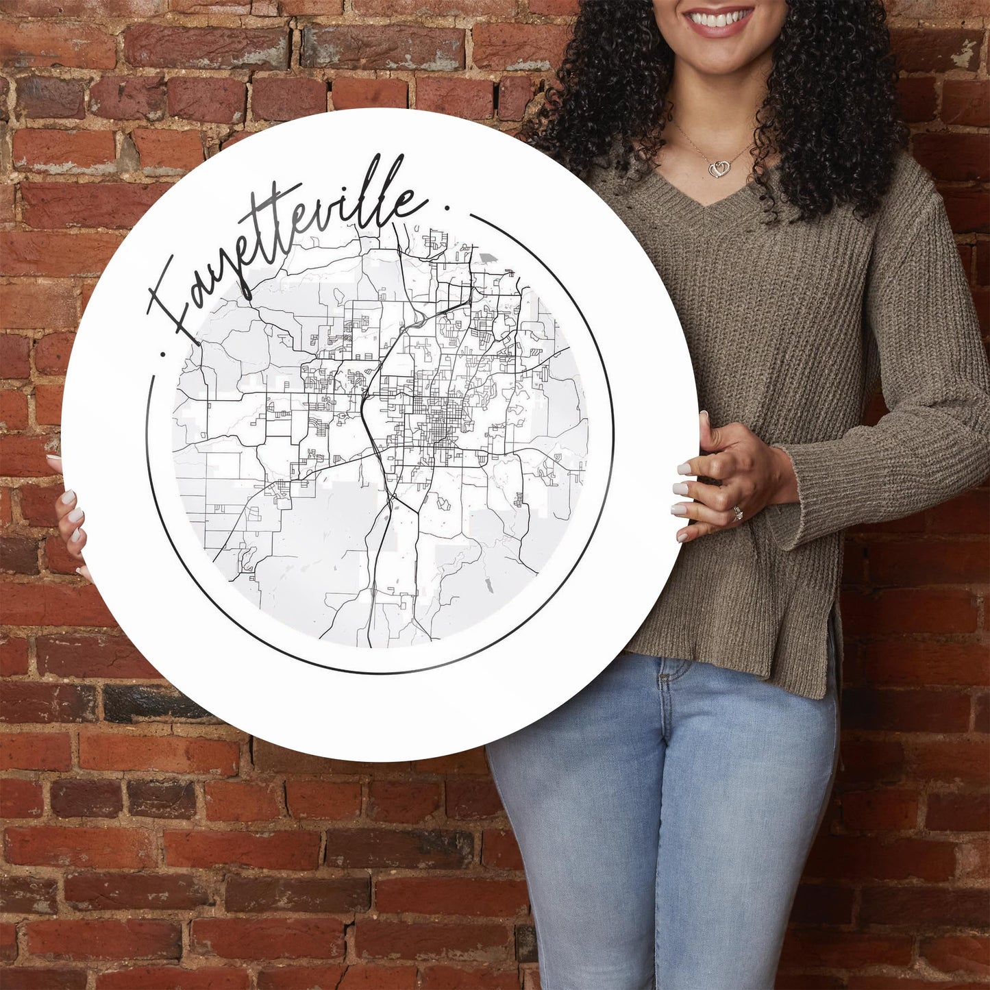 B&W Minimalist Arkansas Fayetteville Circle Map | Hi-Def Glass Art | Eaches | Min 1
