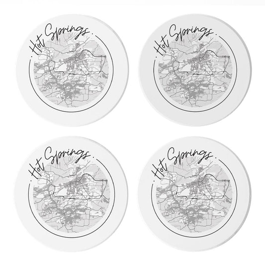 B&W Minimalist Arkansas Hot Springs Circle Map | Absorbent Coasters | Set of 4 | Min 2