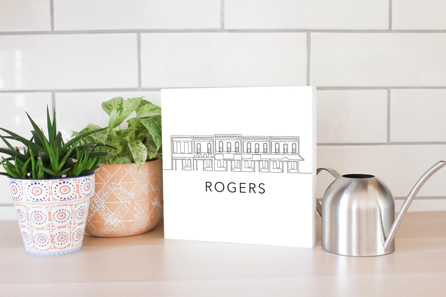 Minimalist B&W Arkansas Rogers Skyline | Wood Block | Eaches | Min 2