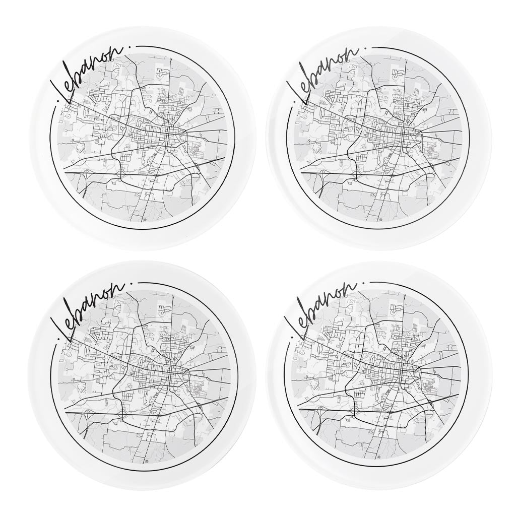 Minimalist B&W Tennessee Lebanon Circle Map | Hi-Def Glass Coasters | Set of 4 | Min 2