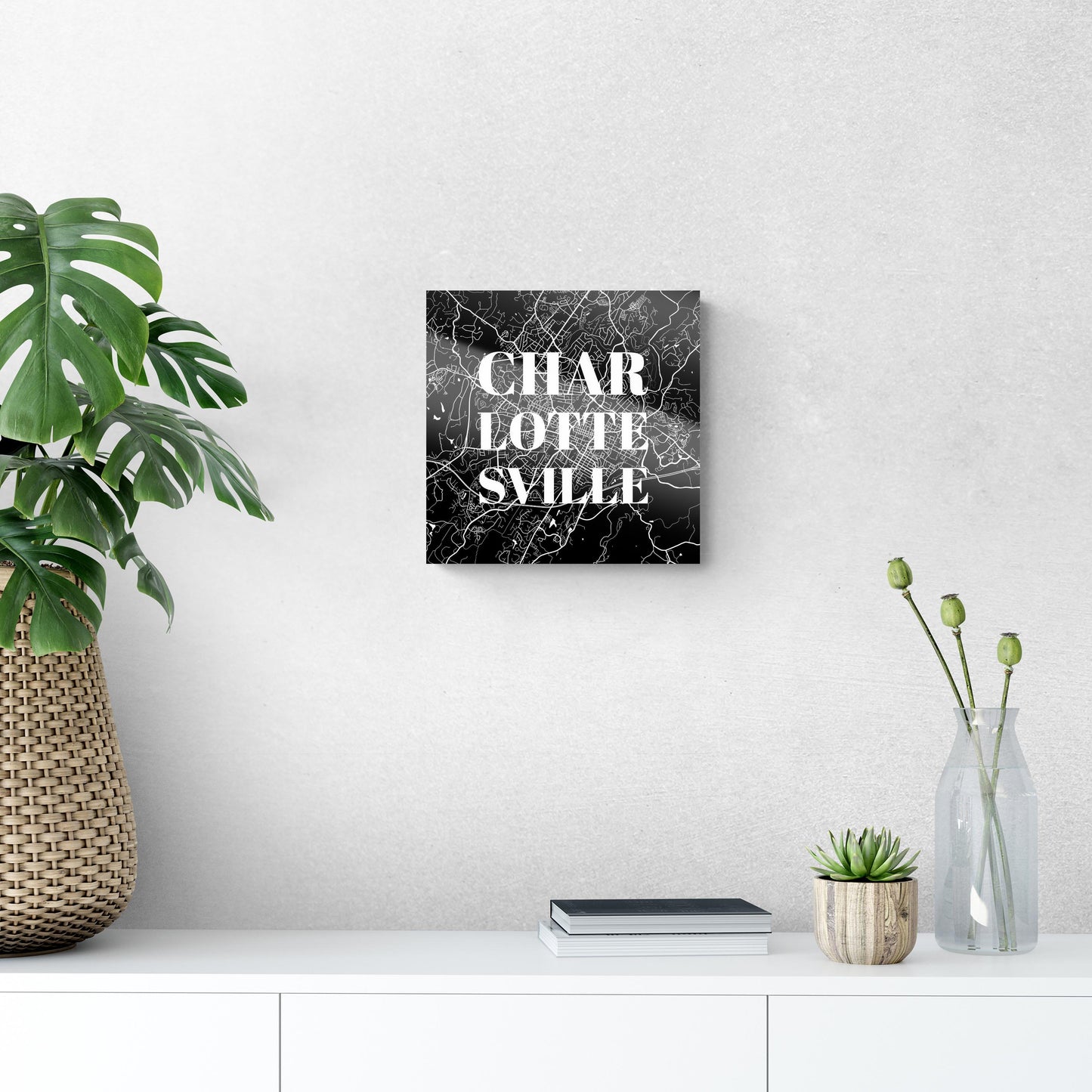 Minimalistic B&W Virginia Charlottesville Map | Hi-Def Glass Art | Eaches | Min 1