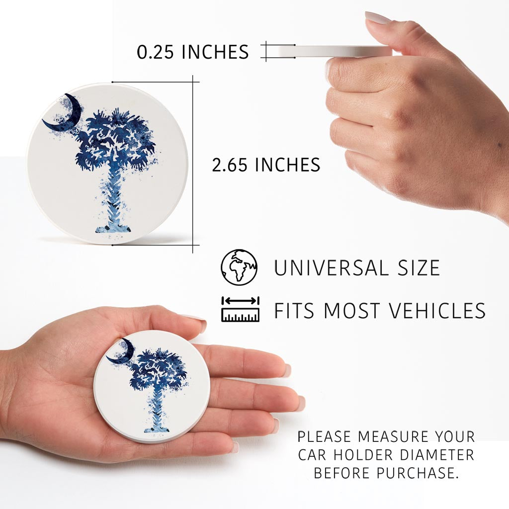 South Carolina Blue Water Color Palm Trees On White | Absorbent Car Coasters | Set of 2 | Min 4