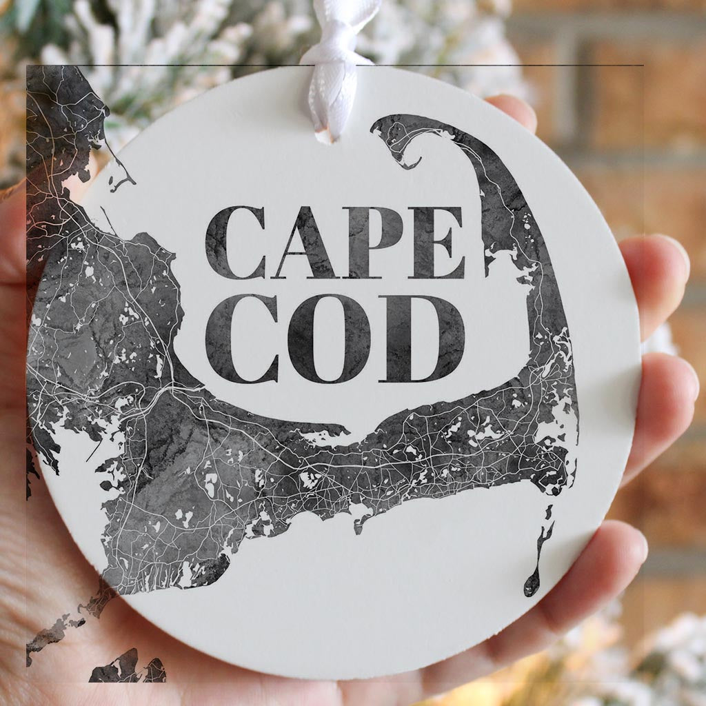 Minimalistic B&W Cape Cod Map | Wood Ornament | Eaches | Min 6
