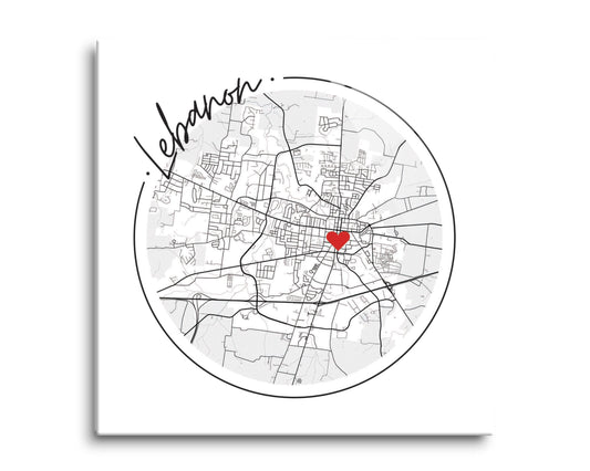 Minimalist B&W Tennessee Lebanon Circle Map Heart | Hi-Def Glass Art | Eaches | Min 2