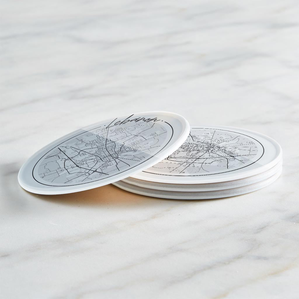 Minimalist B&W Tennessee Lebanon Circle Map | Hi-Def Glass Coasters | Set of 4 | Min 2
