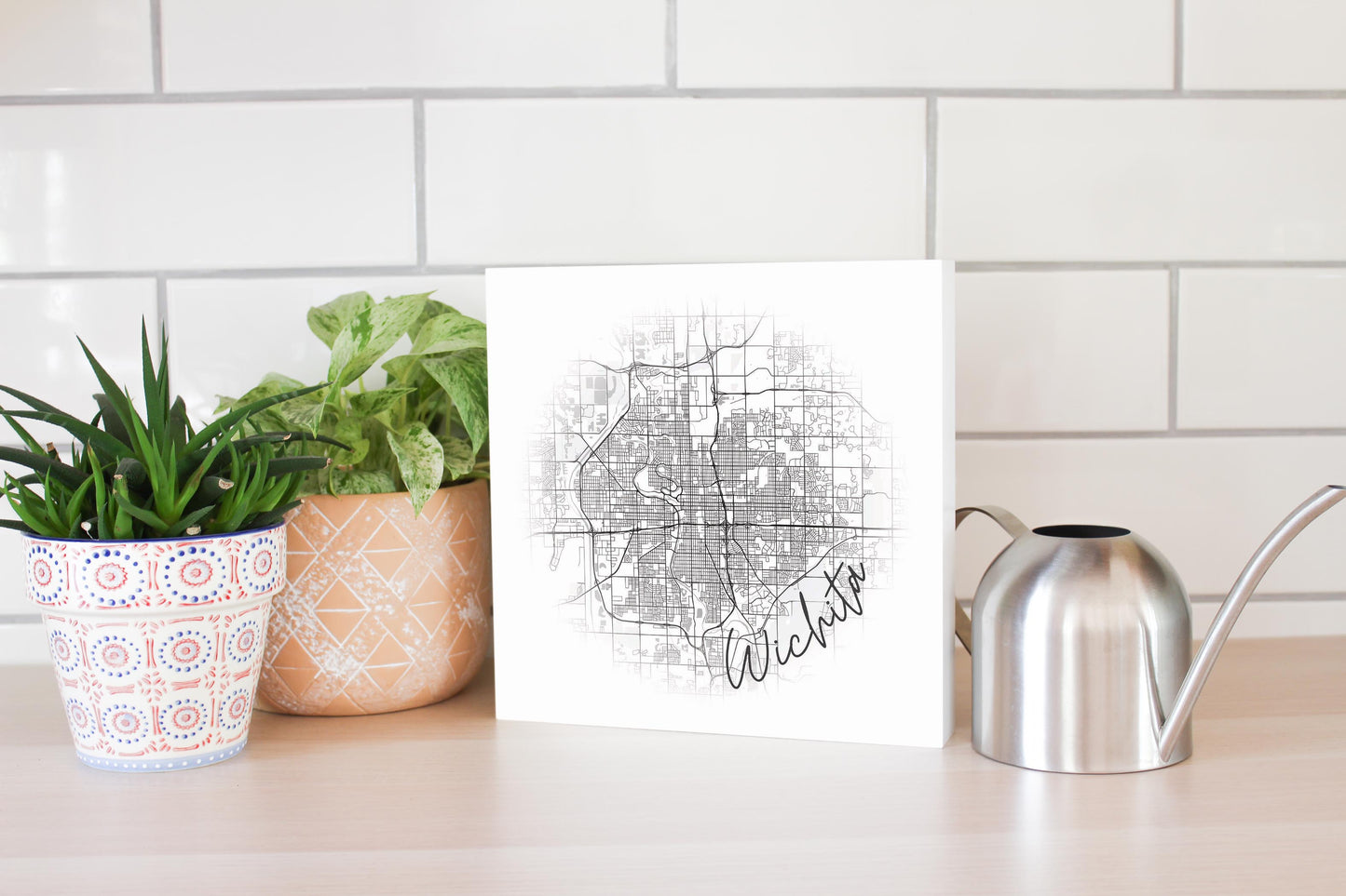 Minimalistic B&W Kansas Wichita Circle Map | Wood Block | Eaches | Min 2
