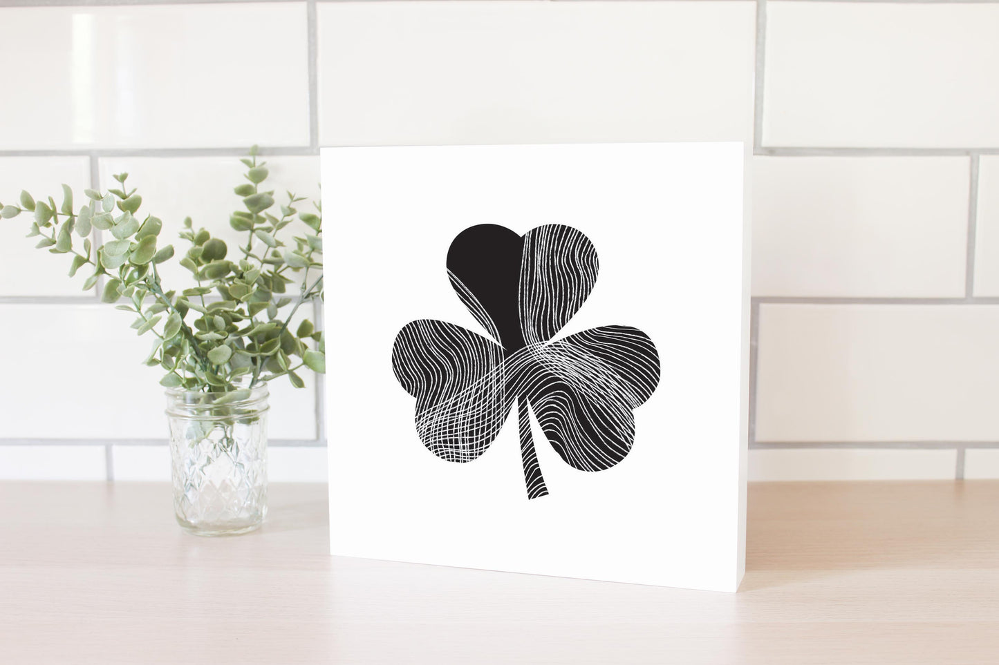Minimalistic B&W Shamrock Shape Fluid Lines | Wood Block | Eaches | Min 2