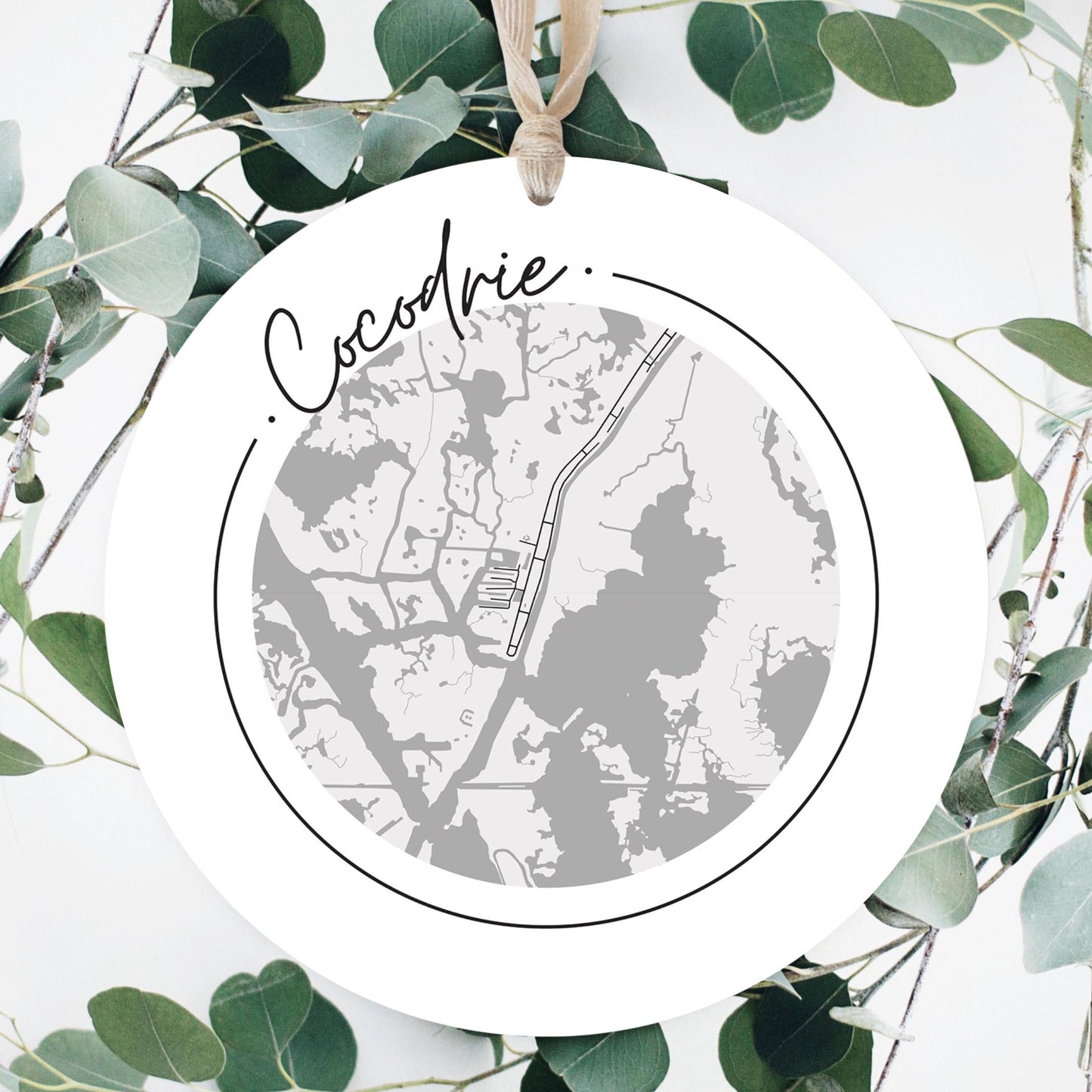 Minimalist B&W Louisiana Cocodrie Circle Map | Wood Ornament | Eaches | Min 1