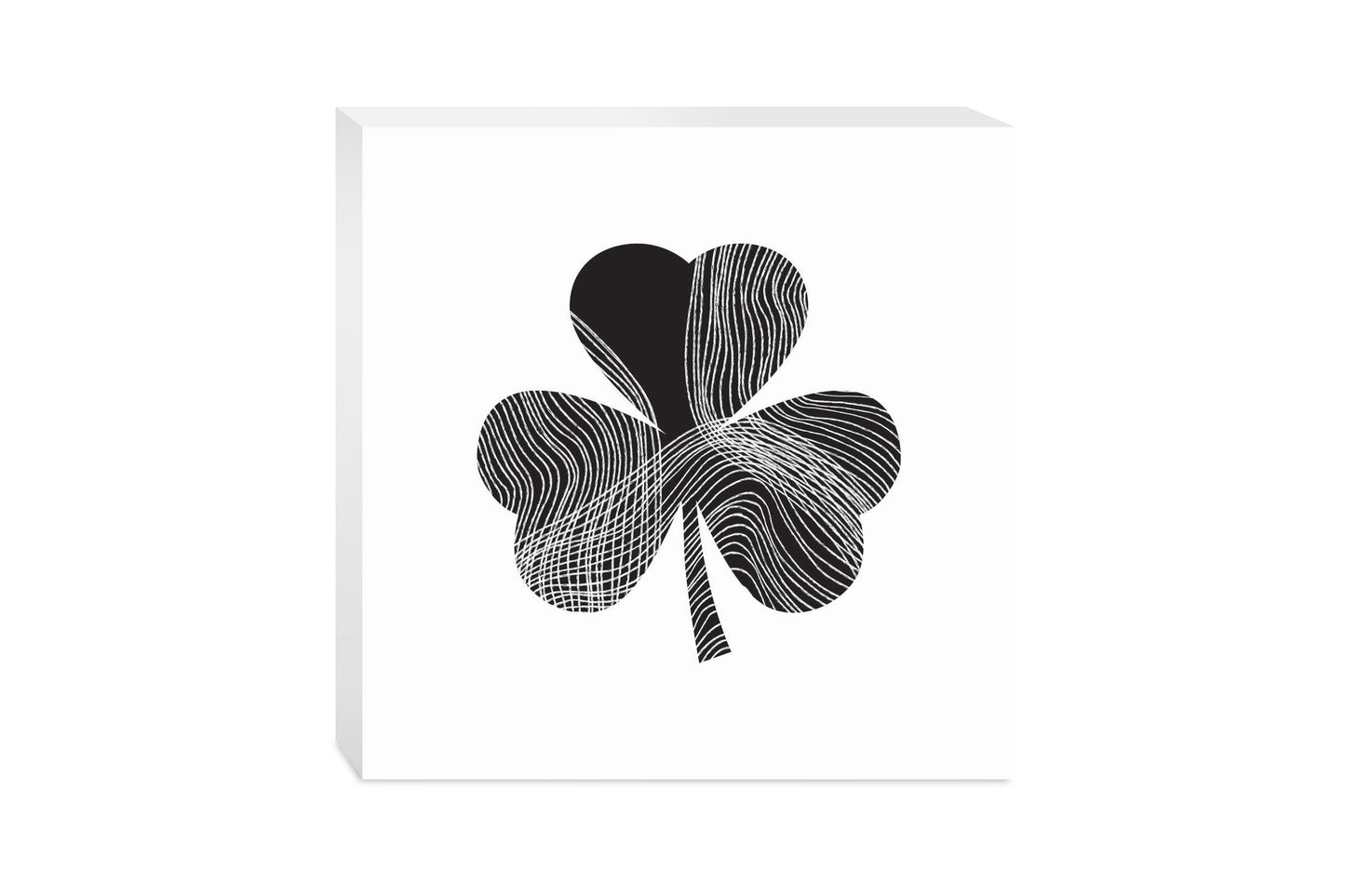 Minimalistic B&W Shamrock Shape Fluid Lines | Wood Block | Eaches | Min 2
