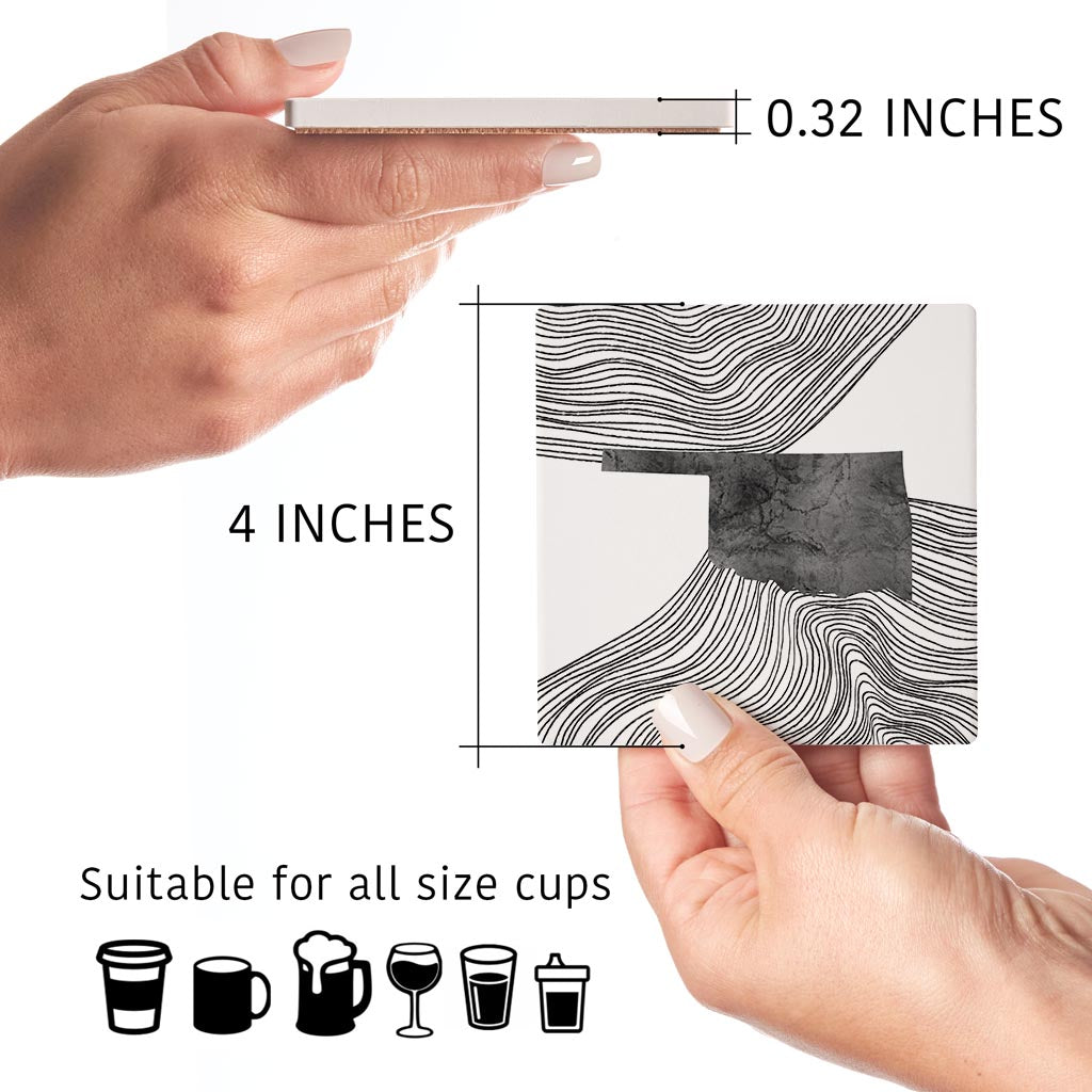 Modern Oklahoma State Shape With Fluid Lines | Absorbent Coasters | Set of 4 | Min 2