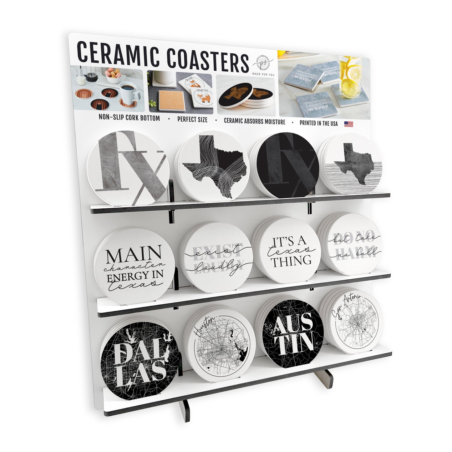 Modern Black & White Texas Circle Ceramic Coaster Bundle