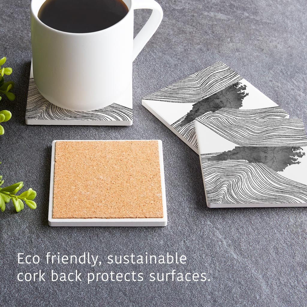 Minimalistic B&W North Carolina State With Fluid Lines| Absorbent Coasters | Set of 4 | Min 2