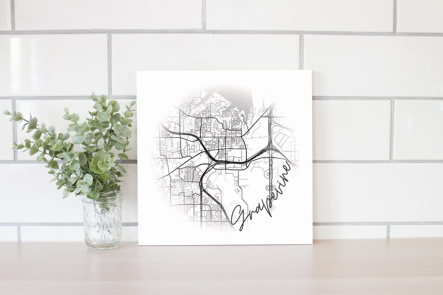 Minimalistic B&W Texas Grapevine Circle Map | Wood Sign | Eaches | Min 2