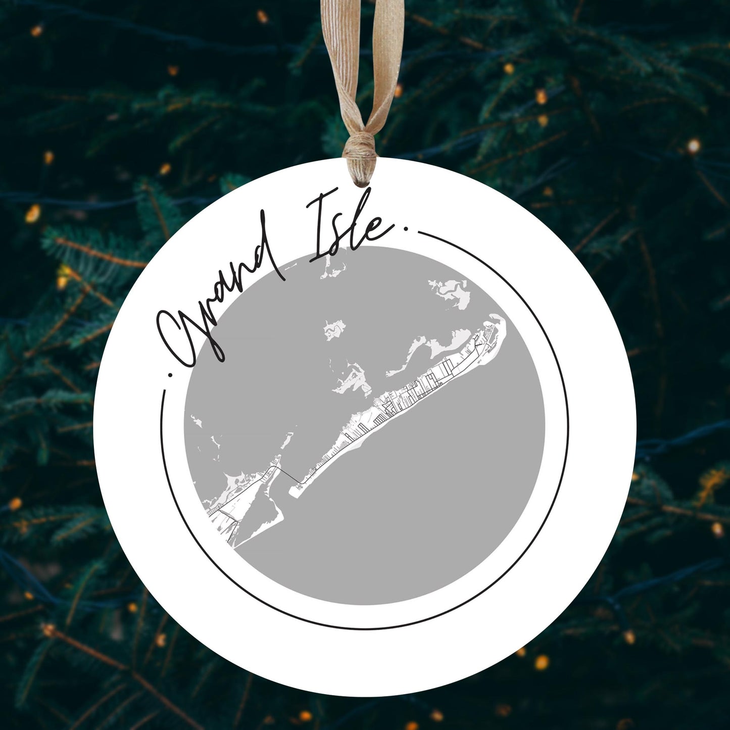 Minimalist B&W Louisiana Grand Isle Circle Map | Wood Ornament | Eaches | Min 1