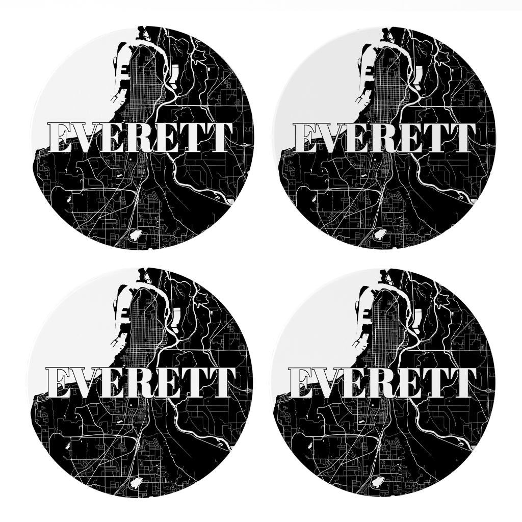 Minimalistic B&W Washington Everett Map | Absorbent Coasters | Set of 4 | Min 2