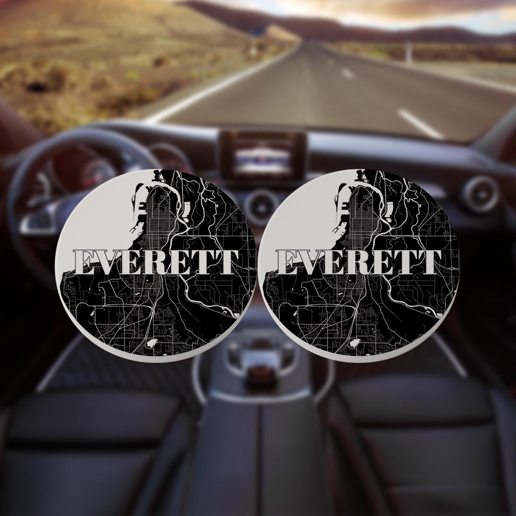 Minimalistic B&W Washington Everett Map | Absorbent Car Coasters | Set of 2 | Min 4
