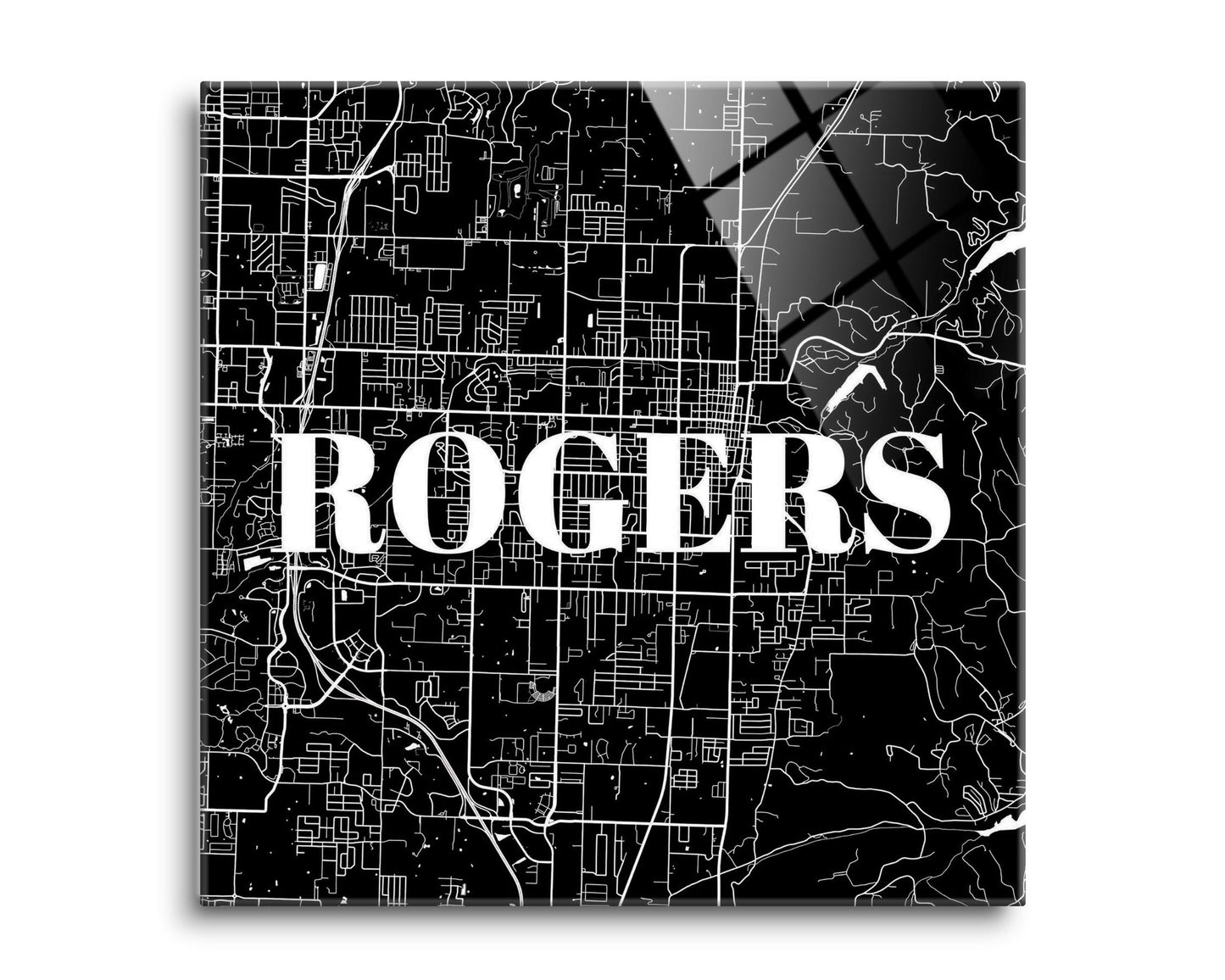Minimalist B&W Arkansas Rogers Map | Hi-Def Glass Art | Eaches | Min 2