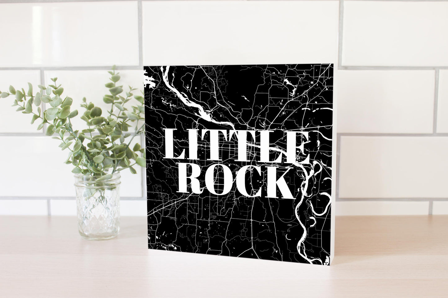 B&W Minimalist Arkansas Little Rock Map | Wood Block | Eaches | Min 2