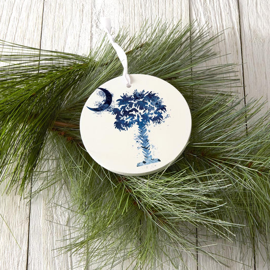 South Carolina Blue Water Color Palm Trees On White| Wood Ornament | Eaches | Min 6