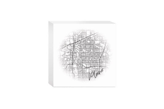 Minimalistic B&W Texas Plano Circle Map | Wood Block | Eaches | Min 4