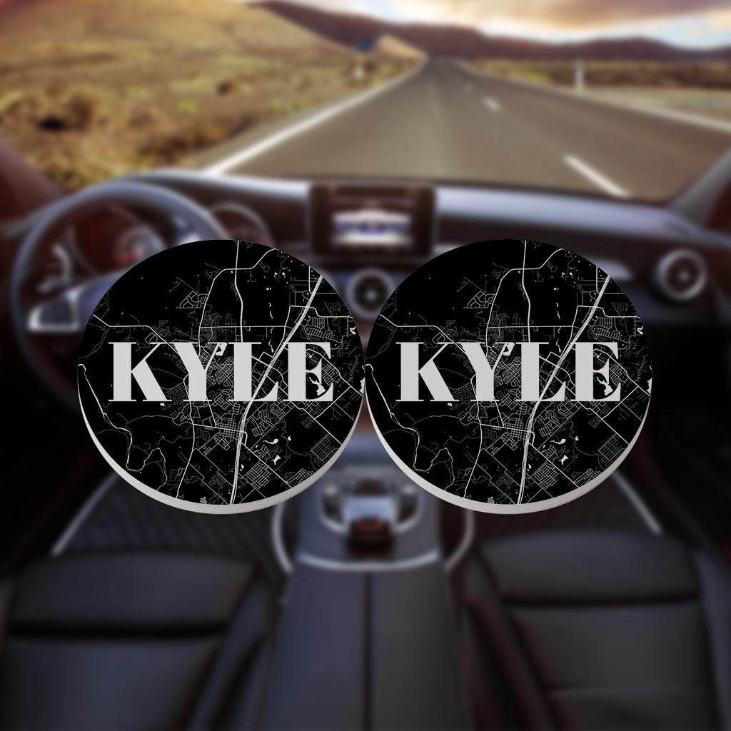 Minimalistic B&W Texas Kyle Map | Absorbent Car Coasters | Set of 2 | Min 4
