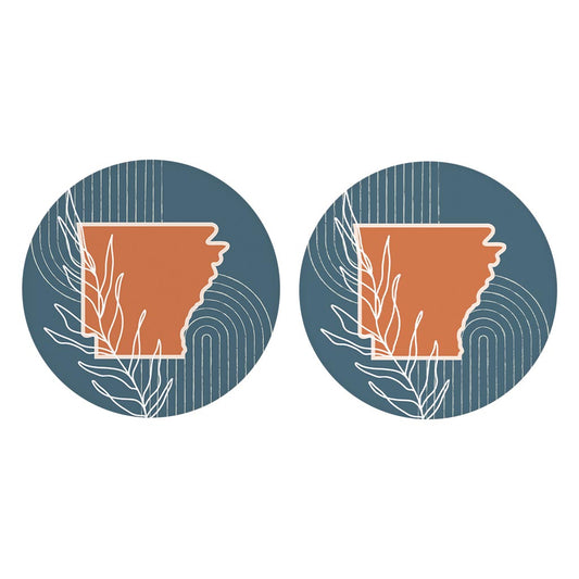 Modern Minimalist Arkansas State Shape With Leaf | Absorbent Car Coasters | Set of 2 | Min 4